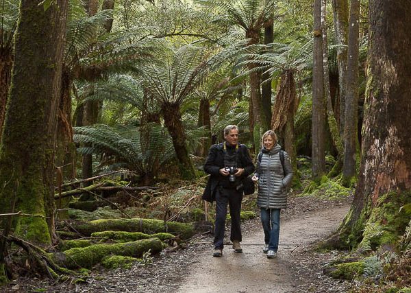 Photographer and non-photographer travel companion on a photo-oriented day tour to Mt Field National Park with Shutterbug Walkabouts, Tasmania